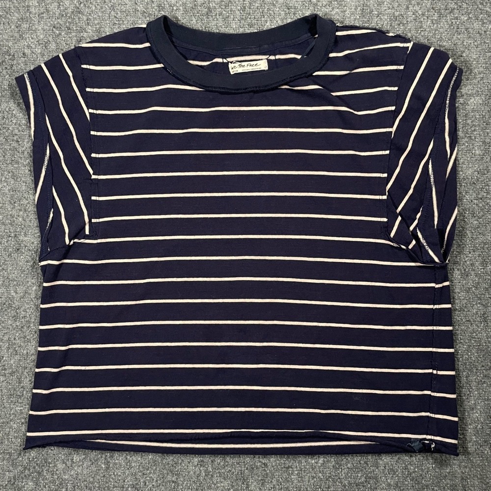 We The Free T-Shirt Womens Medium Navy Blue White Striped Raw Hem Cap Sleeve